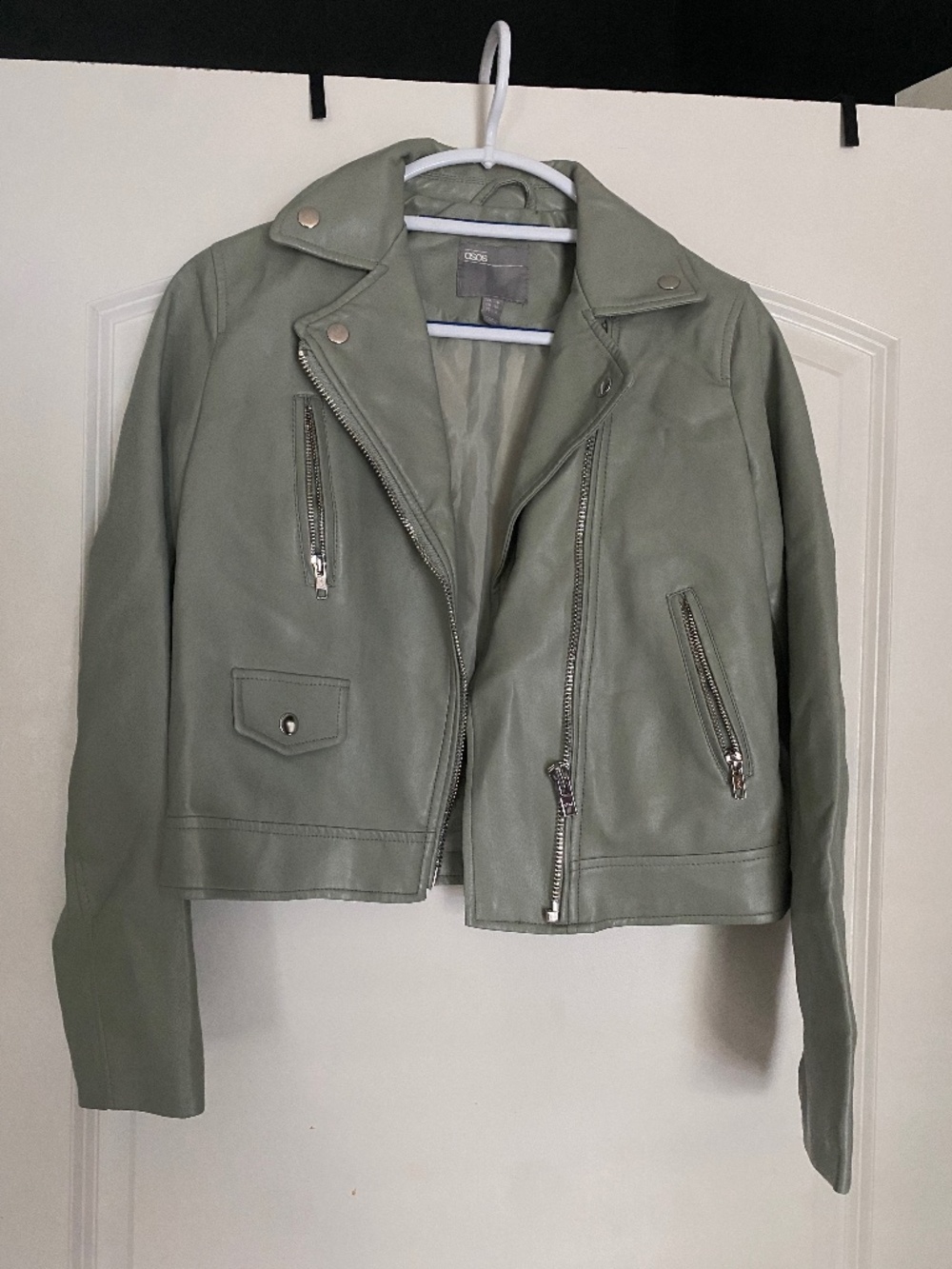 Asos green grey faux leather cropped jacket size 2